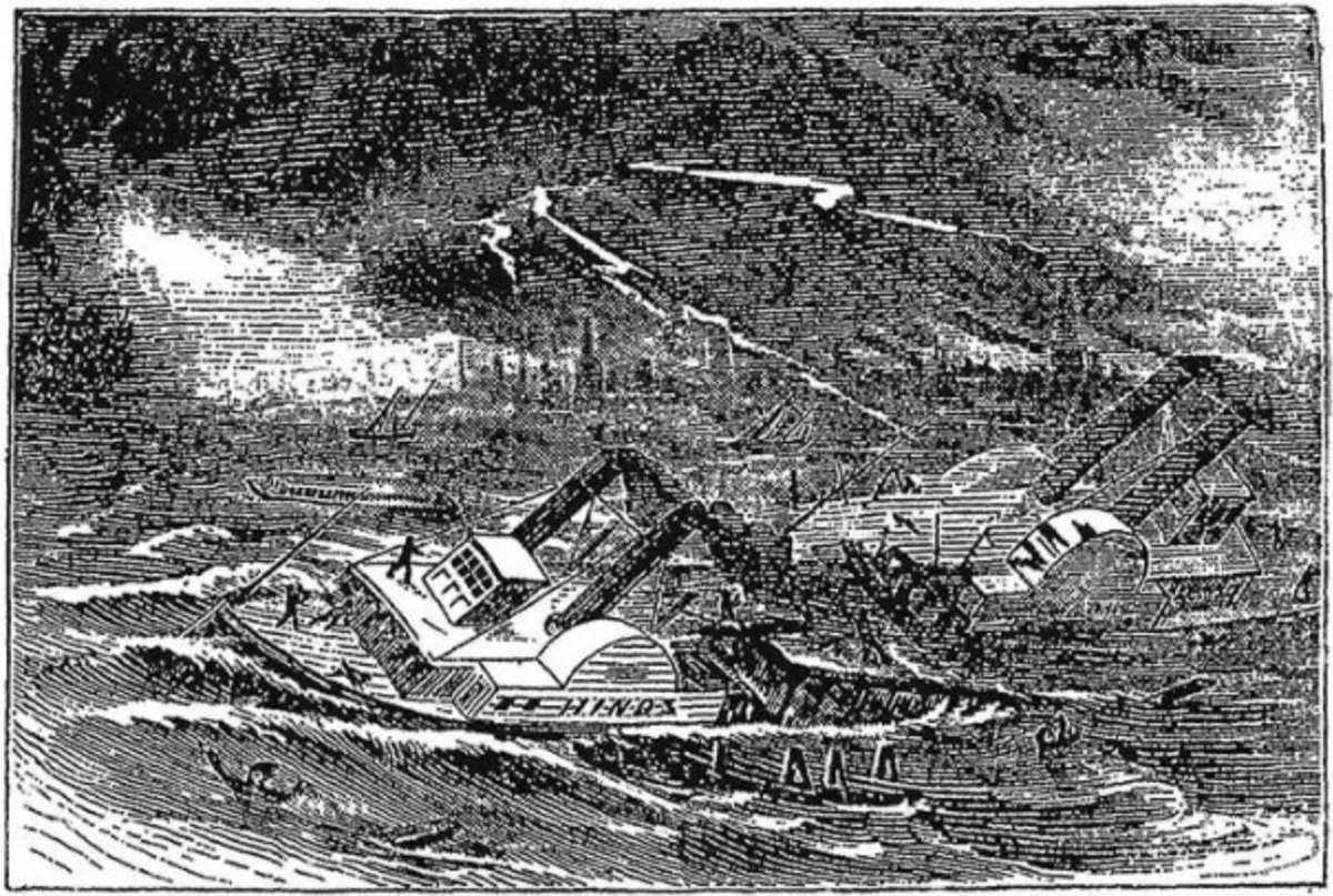 Period engraving of the May 7, 1840 Natchez tornado — the flatboats and steamboats torn off the riverfront, the lower town in pieces
