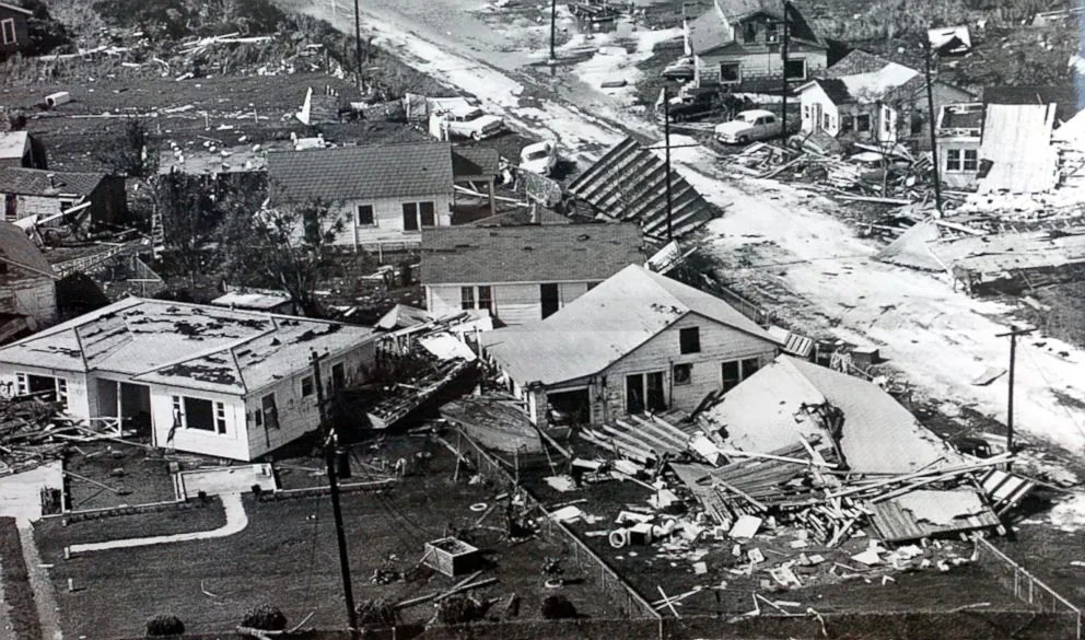 In this July 1, 1957 photo, homes in Cameron, La., lie in ruins after Hurricane Audrey, the first named storm to strike Southwest Louisiana and Southe, 1957