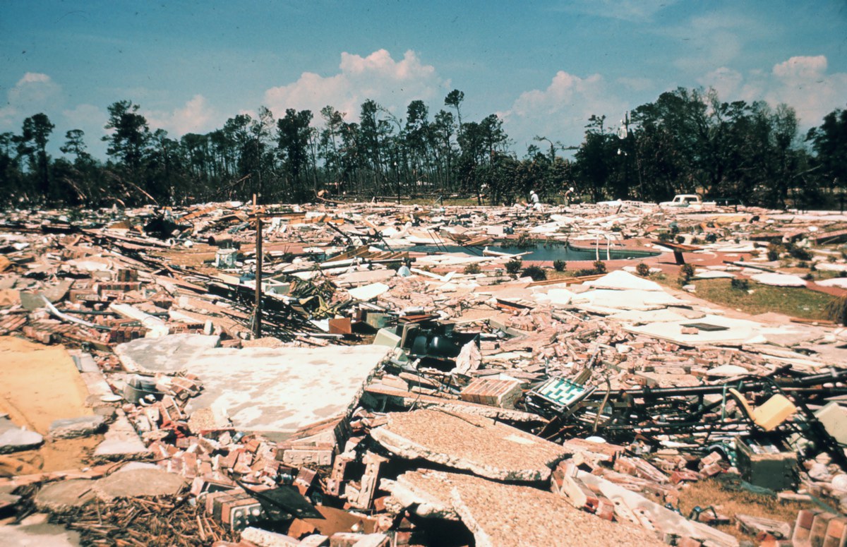 The aftermath of Hurricane Camille.
Location not identified on web source; likely Mississippi Gulf Coast from other photos in series.
According to, 1969