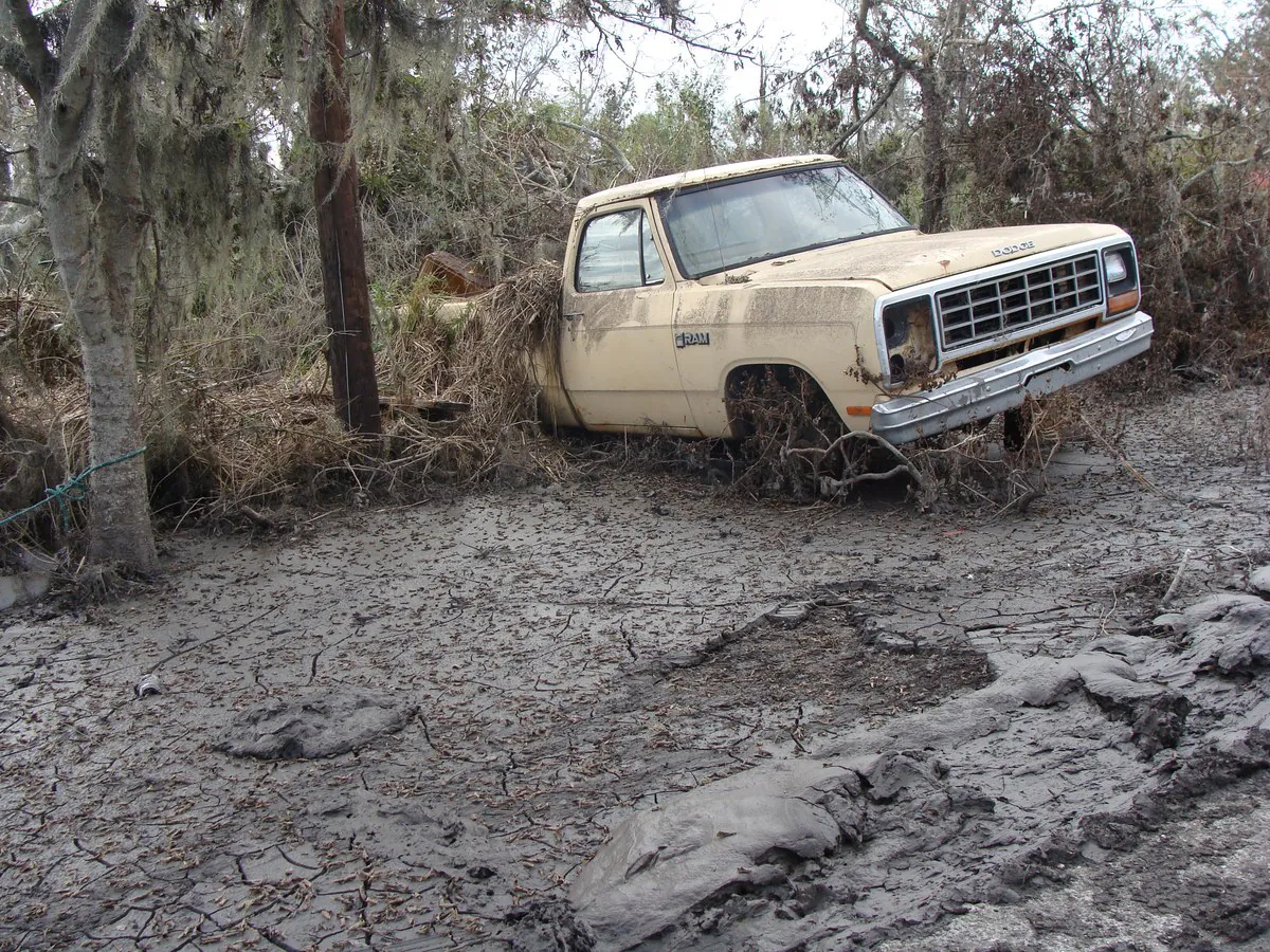 Flooded road on Isle de Jean Charles after Gustav. The island the Biloxi-Chitimacha-Choctaw settled in the 1830s was 22,000 acres. By 2026 it is 320, 2008