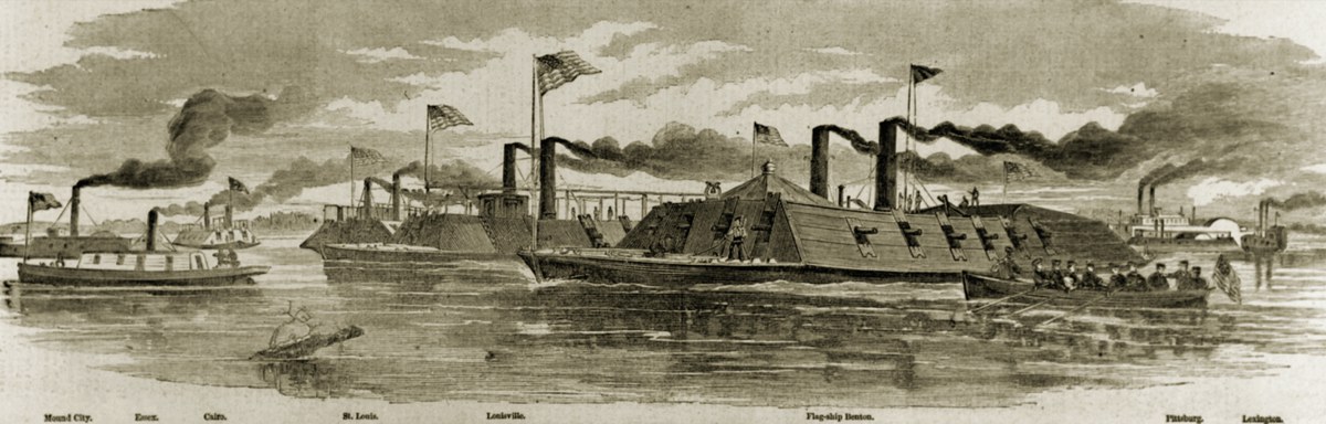 Commodore Foote’s Gunboat Flotilla on the Mississippi.—Sketched by Mr. Alexander Simplot. Illustration published in Harper’s Weekly, Volume VI, No. 26, 1862