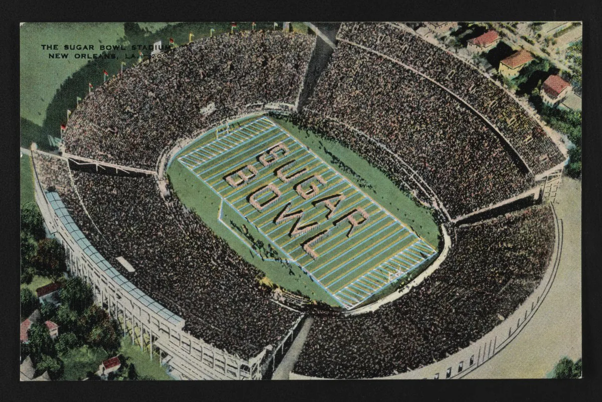 "Sugar Bowl Stadium New Orleans". Aerial postcard view of Tulane Stadium with crowded stands and figures on field forming letters spelling "SUGAR BOWL, 1935