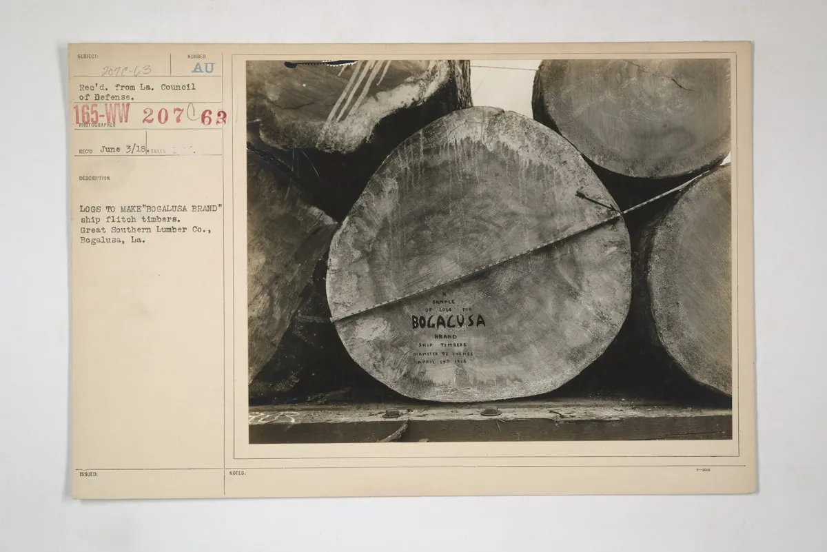 Industries of War - Lumber - LOGS TO MAKE "BOGALUSA BRAND" ship flitch timbers. Great Southern Lumber Co., Bogalusa, Louisiana, 1917