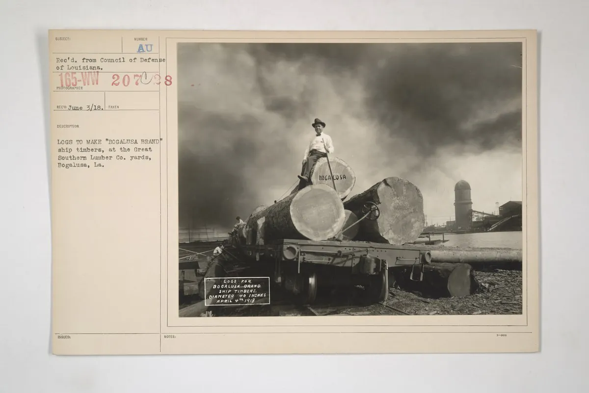 Industries of War - Lumber - LOGS TO MAKE "BOGALUSA BRAND" ship timbers, at the Great Southern Lumber Co. yards, Bogalusa, Louisiana, 1917