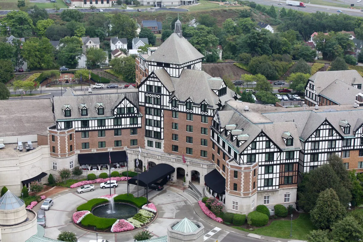 A wide view of the front of the Hotel Roanoke as seen from the top of the Wells Fargo Tower, 2015