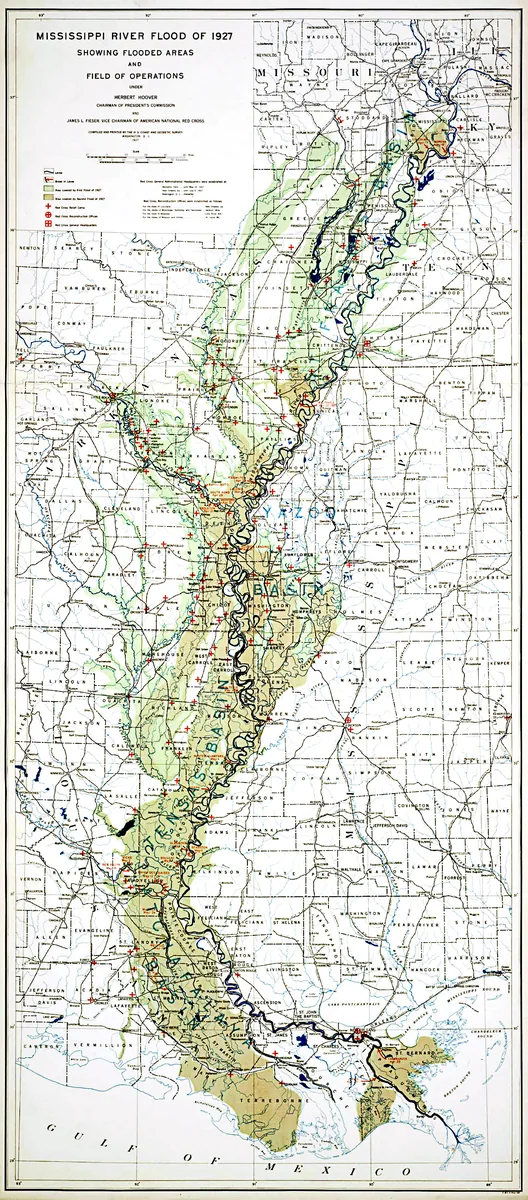 Map of the 1927 Louisiana flood extent — the river broke and the state turned brown