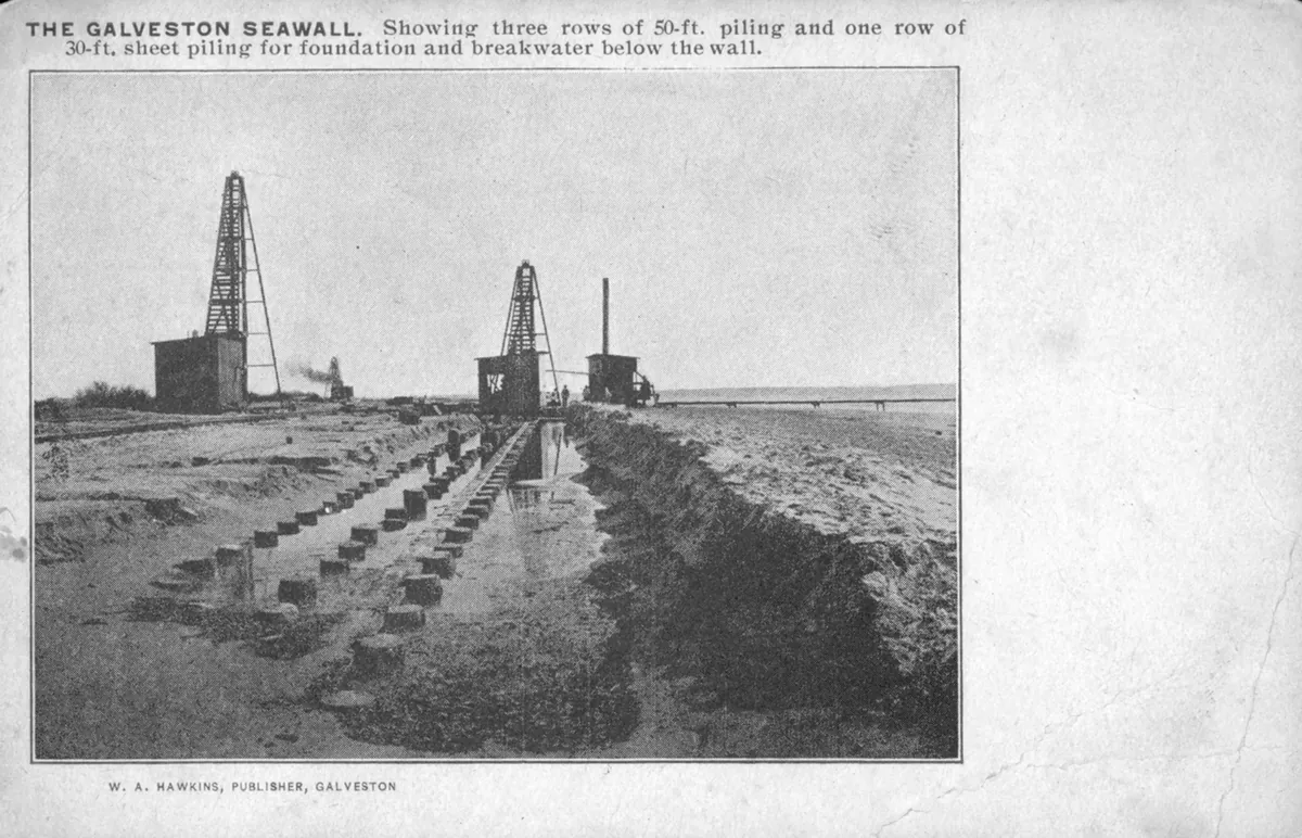 Galveston Island Historic Seawall and Grade Raising Historical Marker — historical photo