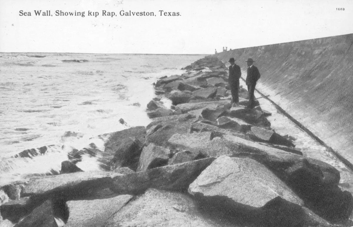 Galveston Island Historic Seawall and Grade Raising Historical Marker — historical photo