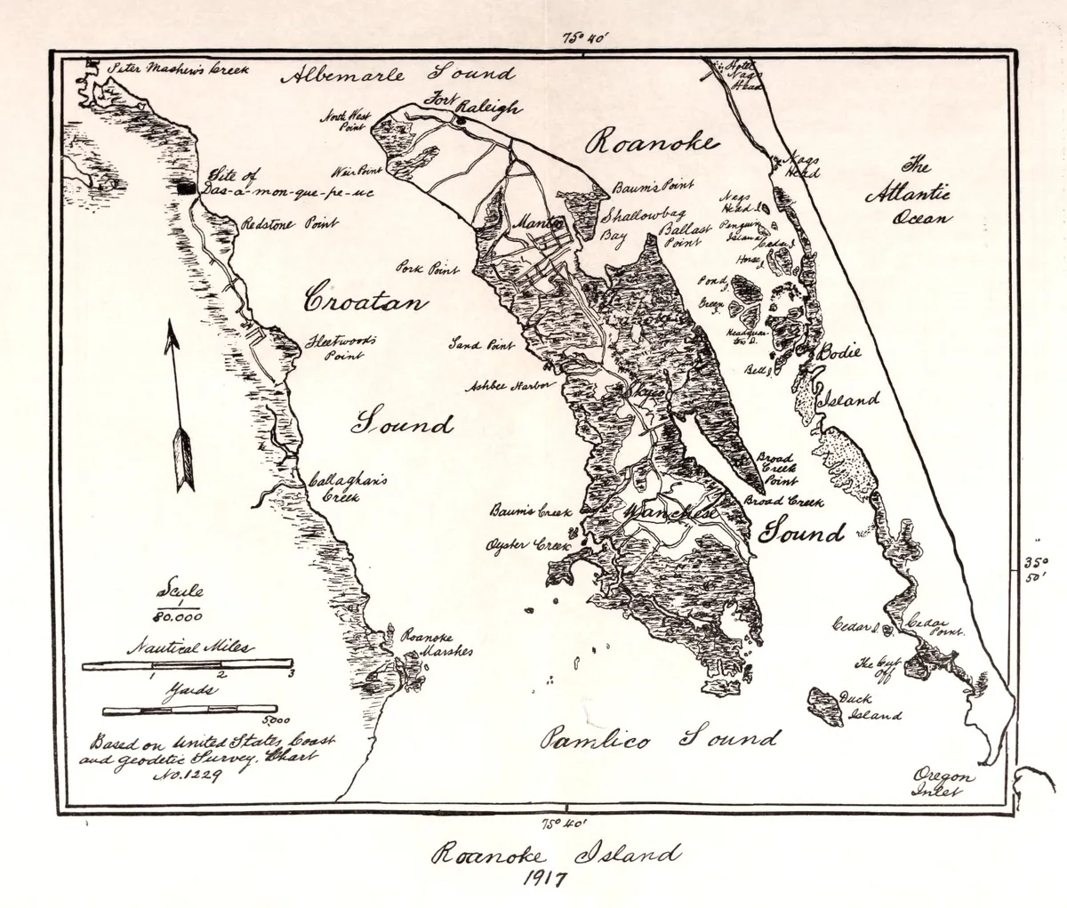 Outer Banks Dare County Memorial to the Lost Colony Colonists — historical photo